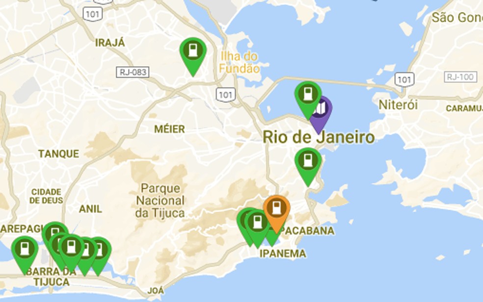 Pontos de recarga para veículos elétricos no Rio — Foto: Reprodução/Plugshare