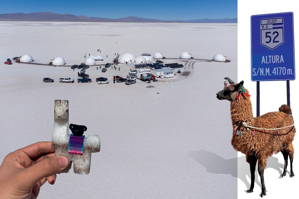 À esquerda: pequena alpaca feita com o sal extraído de Salinas Grandes — Foto: Divulgação