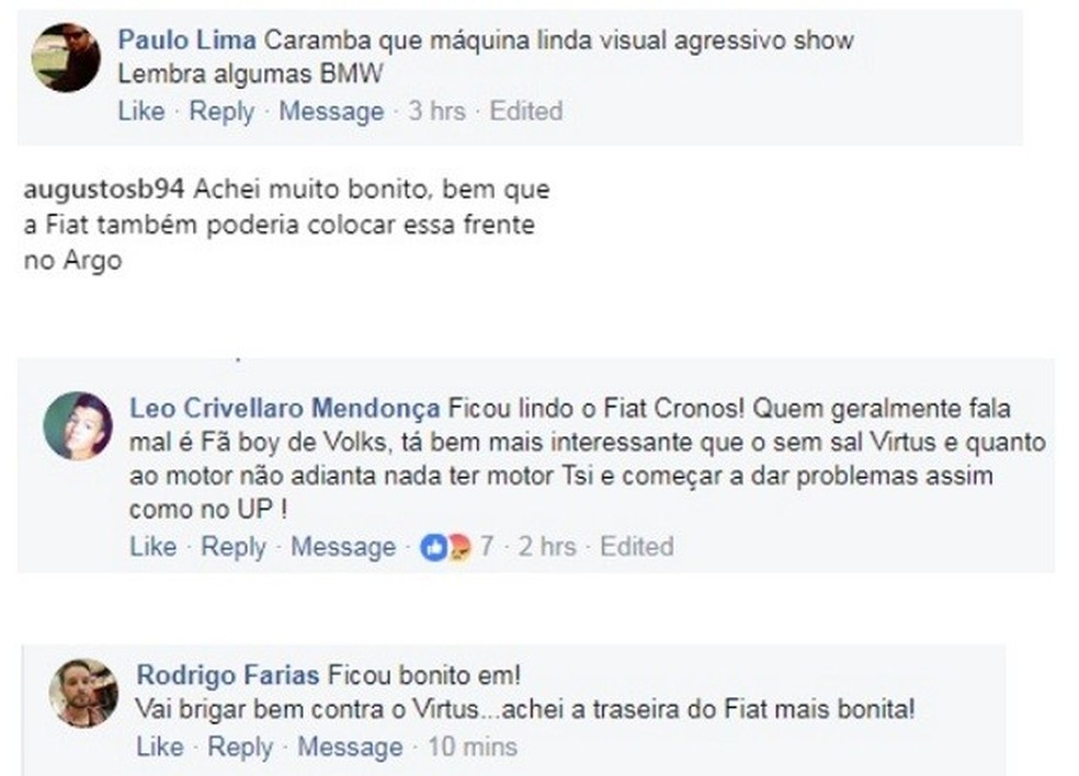 Comentários Fiat Cronos  (Foto: Reprodução Facebook e Instagram ) — Foto: Auto Esporte