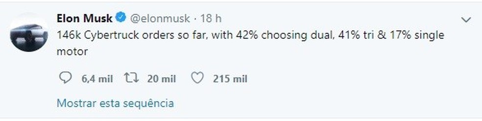 Elon Musk abre os números da Cyertruck no Twitter (Foto: Reprodução/Twitter) — Foto: Auto Esporte