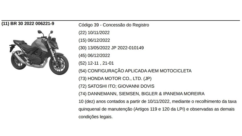 Patente da Honda Hornet registrada no INPI — Foto: Reprodução/INPI