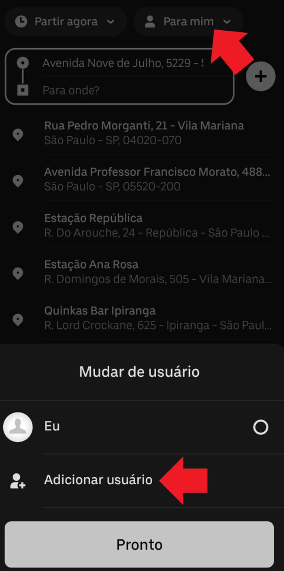 Clique em "Para mim", e depois selecione o ícone "Adicionar usuário" — Foto: Reprodução/Aplicativo Uber