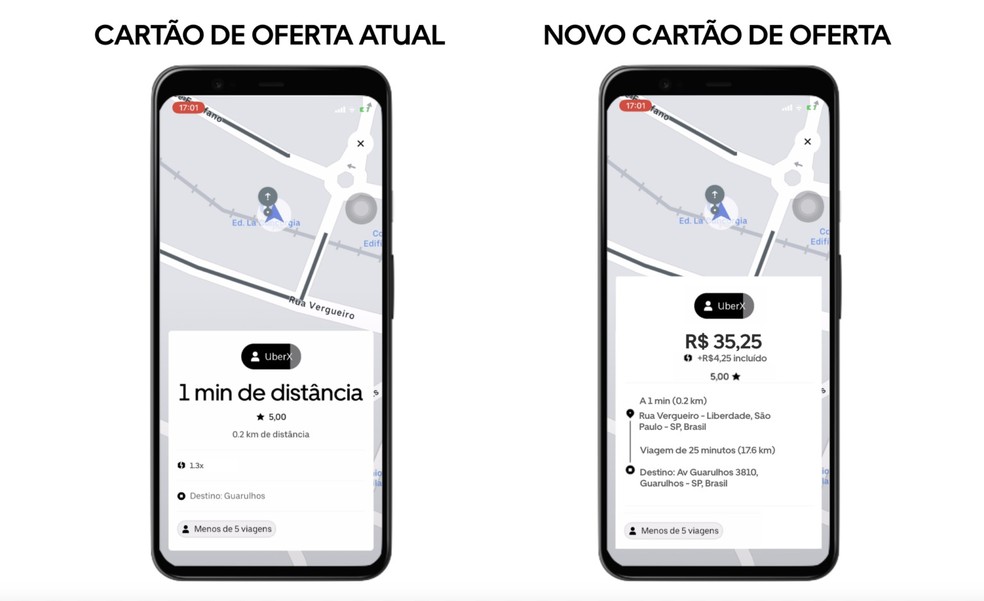Novo cartão de oferta mostra endereço completo do destino final e tempo da viagem — Foto: Divulgação