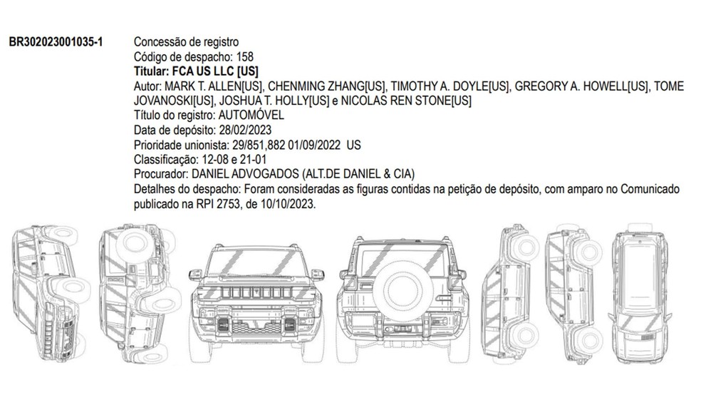 Registro do Jeep Recon no Inpi — Foto: Reprodução/Inpi