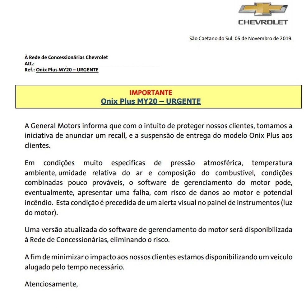 General Motors emitiu comunicado de suspensão das entregas do novo Chevrolet Onix Plus — Foto: Reprodução/G1