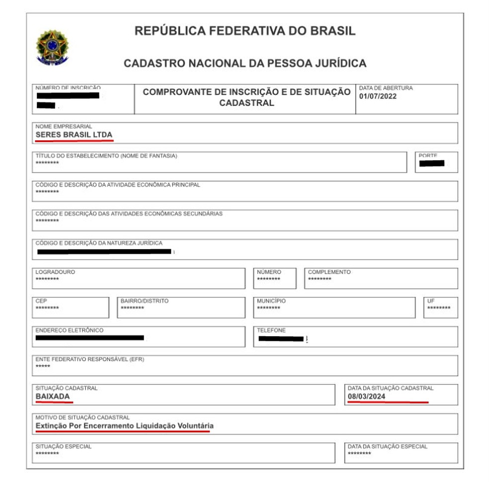 Seres Brasil LTDA está com CNPJ encerrado  — Foto: Secretaria da Fazenda