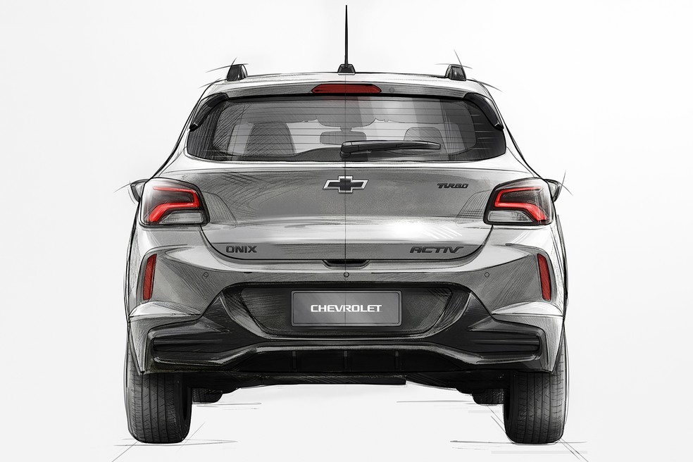 Chevrolet Onix Activ 2027 terá motor turbo, câmbio automático, rack de teto, suspensão elevada e para-choques retrabalhados para entregar 20,1 cm de vão livre do solo e bons ângulos de transposição — Foto: Divulgação/Chevrolet
