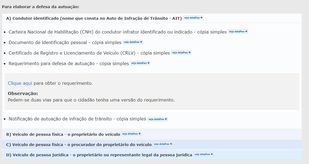Dependendo do infrator a lista de documentos muda. Isso consta na notificação de autuação e no site do Detran. — Foto: Reprodução Detran-SP