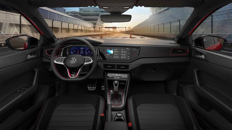 Interior do VW Nivus GTS terá muito do Polo GTS: bancos inteiriços no estilo concha, pedaleira de aço inox e, detalhes vermelhos — Foto: Divulgação