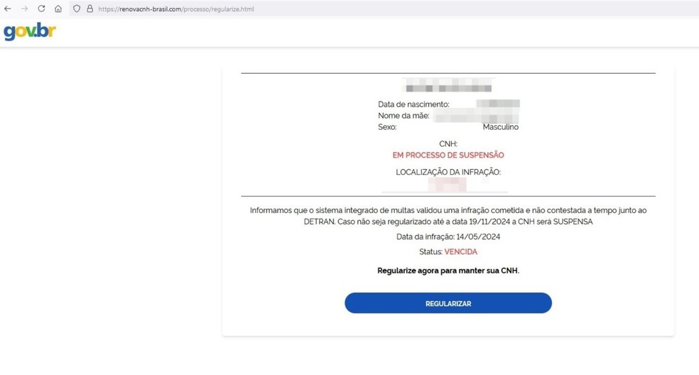 O site falso do Governo Federal revela informações pessoais das vítimas. No campo "Regularizar" será gerado um boleto ou QR Code para realização de pagamentos — Foto: Reprodução