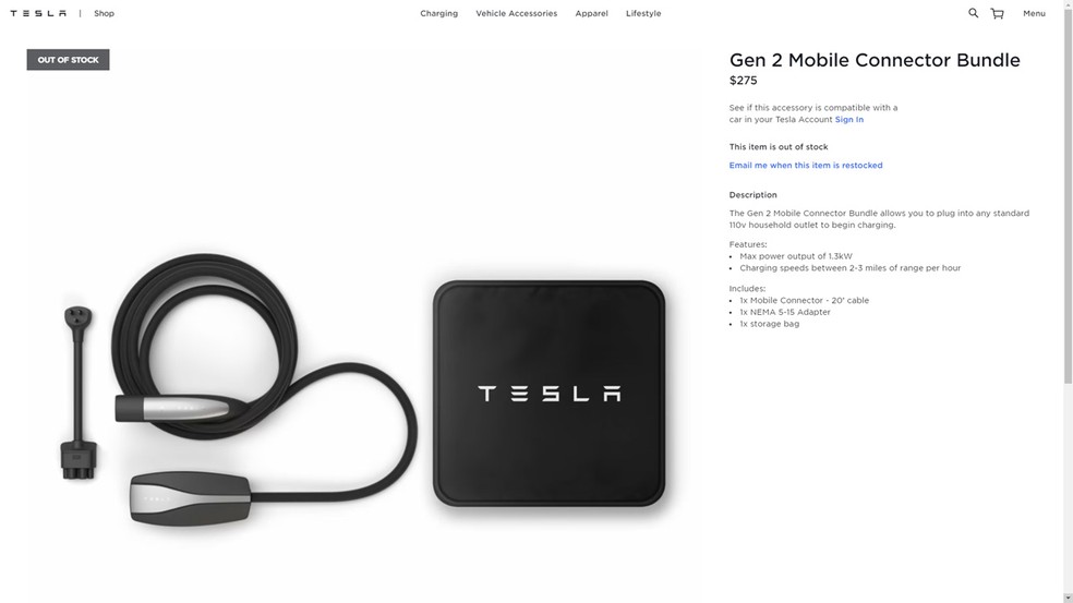 Carregador portátil agora será item vendido como acessório nos carros da Tesla — Foto: Reprodução