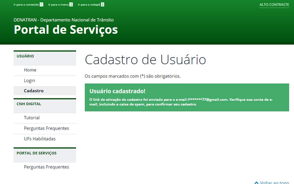 CNH digital: após o cadastro no Portal e Serviços do Denatran, usuário receberá link de autenticação por email — Foto: Reprodução