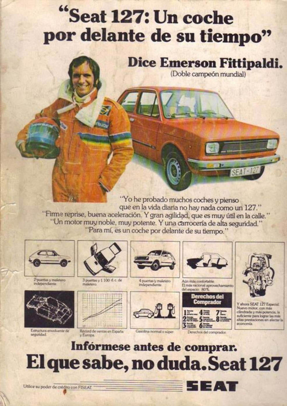 Emerson Fittipaldi estrela propaganda para anunciar o Fiat 127: esta é a versão espanhola, da Seat (Foto: Reprodução) — Foto: Auto Esporte