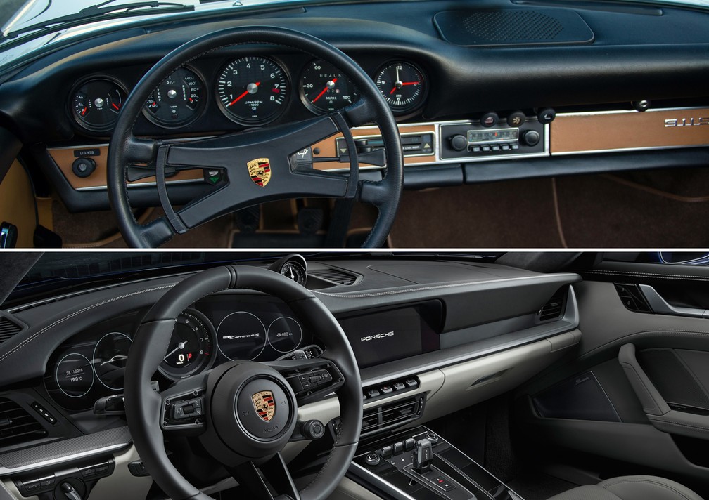 Comparação dos interiores dos Porsche 911 dos anos 70 e de 2019 — Foto: Divulgação