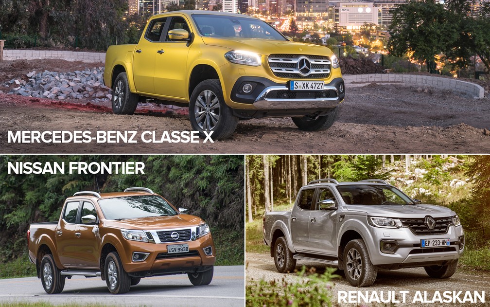 Mercedes-Benz Classe X, Nissan Frontier e Renault Alaskan — Foto: Gustavo Epifânio/G1 e divulgação