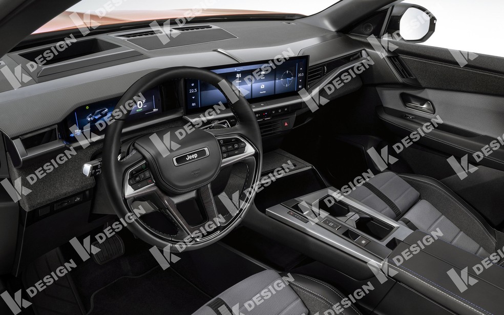 Projeção do Jeep Compass 2026 mostra central multimídia curva no painel  — Foto: Kleber Design