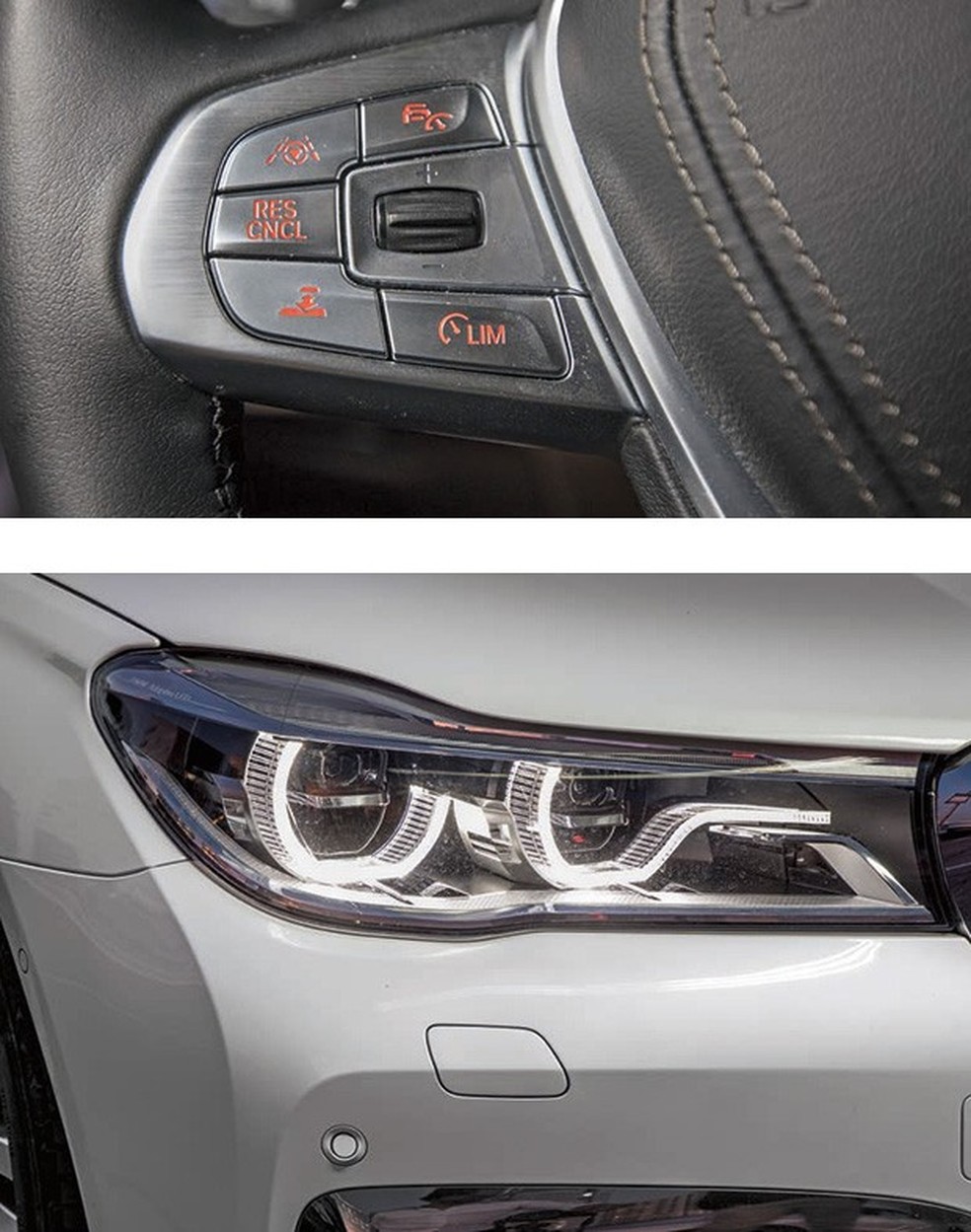 Faróis adaptativos Uma câmera localizada à frente do retrovisor interno monitora a luz ambiente e a área adiante do carro. As luzes seguem o curso da rua, dependendo do esterço do volante, iluminando mais a área interior da curva. O sistema identifica a necessidade de mudar do farol baixo para o alto, evitando ofuscar quem segue à frente ou em sentido contrário na estrada. As lâmpadas de led são acesas ou apagadas de forma automática e independente.  O controlador de velocidade é mais intuitivo de acionar no 750Li M Sport (Fotos: Marcos Camargo) — Foto: Auto Esporte