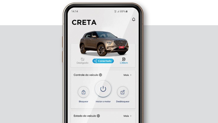 Hyundai Creta 2022 - App: O Bluelink proporciona diversas ações, como abrir/fechar as portas e janelas, dar a partida, ligar o ar-condicionado, localizar o carro e imobilizá-lo  em caso de roubo 