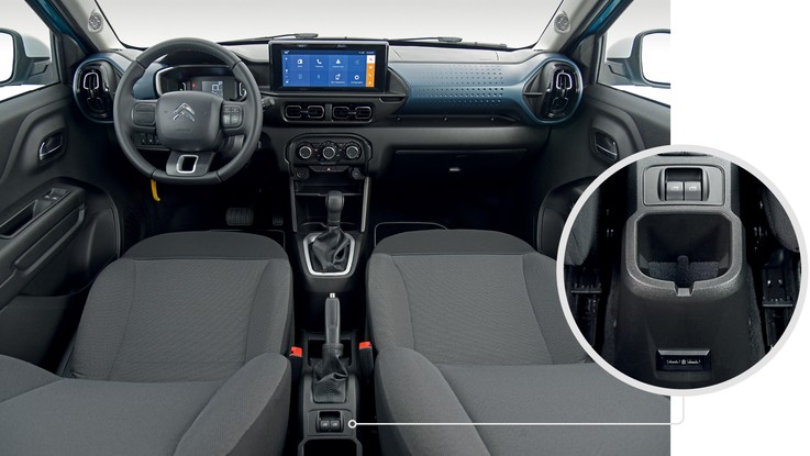 Citröen C3 First Edition 1.6 - Cabine é uma mistura de sensações. Falta requinte nos botões, mas central multimídia de 10 polegadas  é boa surpresa. Para economizar, Citroën não pintou cofre do motor e só colocou um par de botões para os vidros traseiros, posicionados em local igualmente ruim para todos