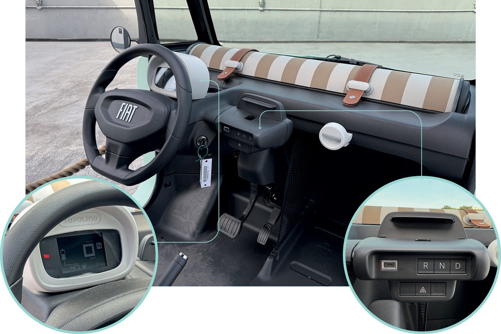 Fiat Topolino tem apenas o básico: velocímetro, seletor de posições do câmbio e uma porta USB com suporte para celular — Foto: André Paixão e Marcus Celestino/Auto News Brasil