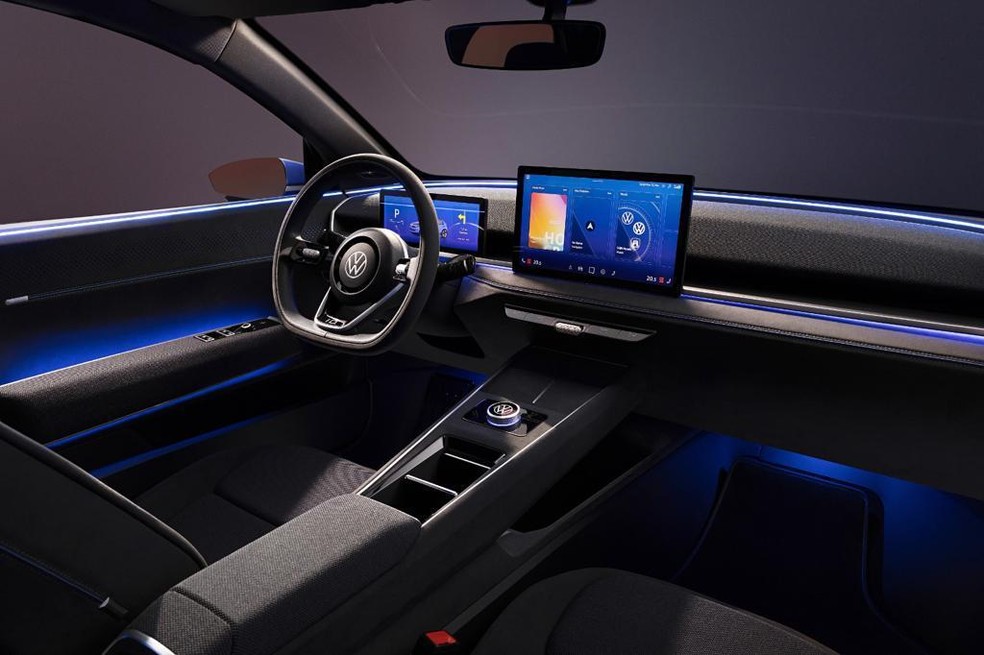 Volkswagen ID. 2all tem interior minimalista, com central multimídia gigante — Foto: Divulgação
