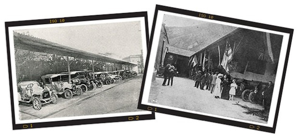 PÁTIOS CHEIOS Os pátios nos fundos das lojas já ficavam lotados de carros. À esquerda, vemos uma loja com carros de diferentes países, divididos por bandeiras — quase um salão do automóvel. E a Opel faturava com modelos de bom custo-benefício. (Foto: Arquivo do jornal O 3PWEB) — Foto: Auto Esporte