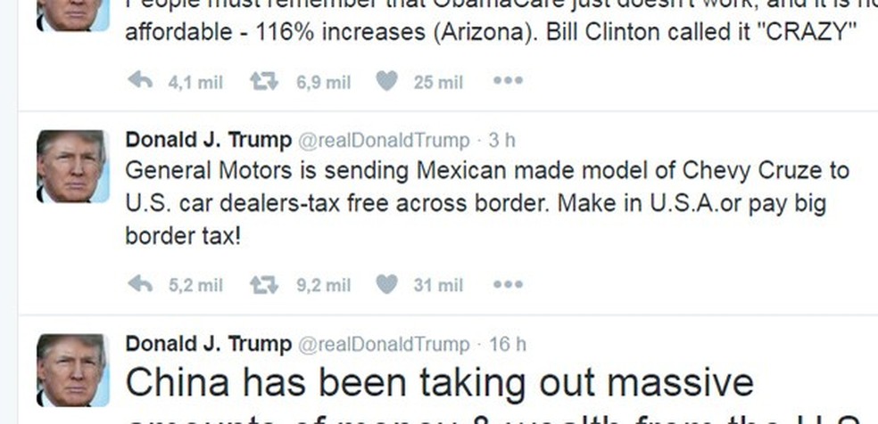 Tweet de Trump contra a Chevrolet é apenas um dos muitos ataques postados naquela hora (Foto: Reprodução) — Foto: Auto Esporte