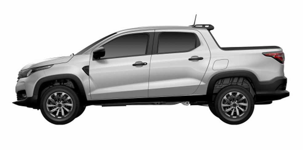 Versão intermediária da Fiat Strada; lateral tem aplique no para-lama e para-choque "pontudo" — Foto: Reprodução/INPI