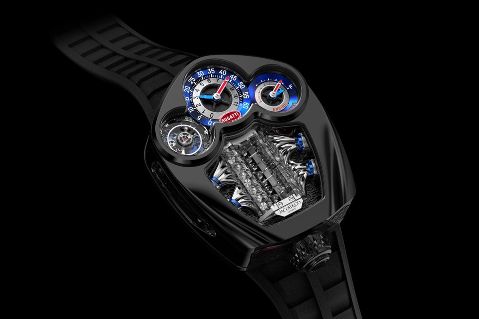 Jacob & Co Bugatti Tourbillon tem réplica do motor V16 e detalhe da lanterna do hipercarro na caixa — Foto: Divulgação