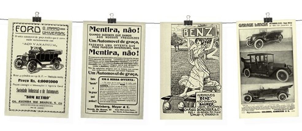 PROPAGANDAS A Ford destacava a construção do T, que usava liga de aço vanádio, mais resistente. A representante da Benz e dos caminhões Saurer oferecia uma rifa na compra de um veículo novo e bradava que as prestações arruinariam o negócio, sendo equivalentes a perder dinheiro. Já a Lancia exibia sua gama 1915 com modelos Phaeton, Double Phaeton e Landaulet. (Foto: Arquivo do jornal O 3PWEB) — Foto: Auto Esporte