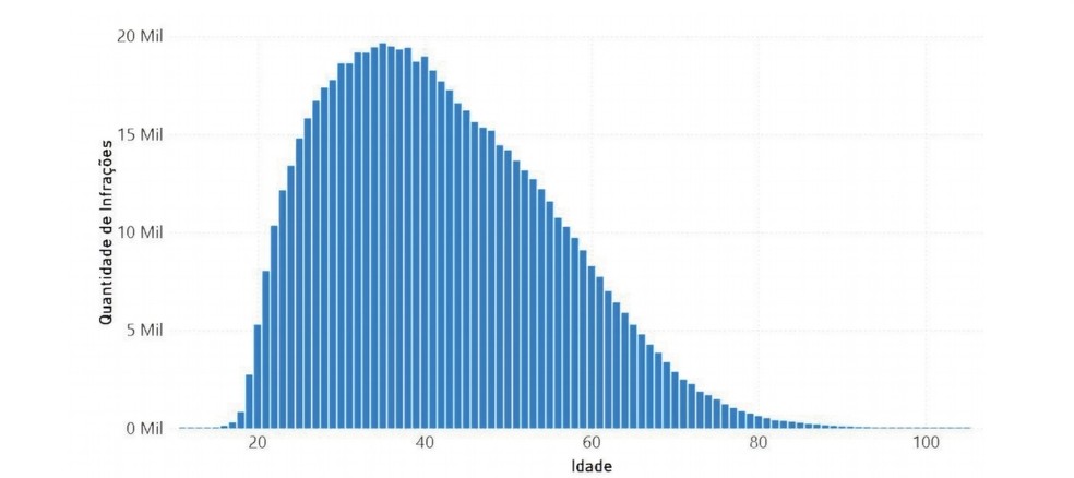 Distribuição de frequências de infração por idade do proprietário do veículo na época em que cometeu a infração — Foto: Reprodução/Relatório "Lei Seca no Brasil: Panorama dos últimos 15 anos"