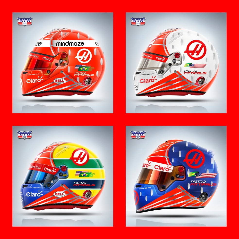 Os dois capacetes de cima foram os aprovados pela Haas. Pietro escolheu o todo vermelho — Foto: Arquivo Raí Caldato 