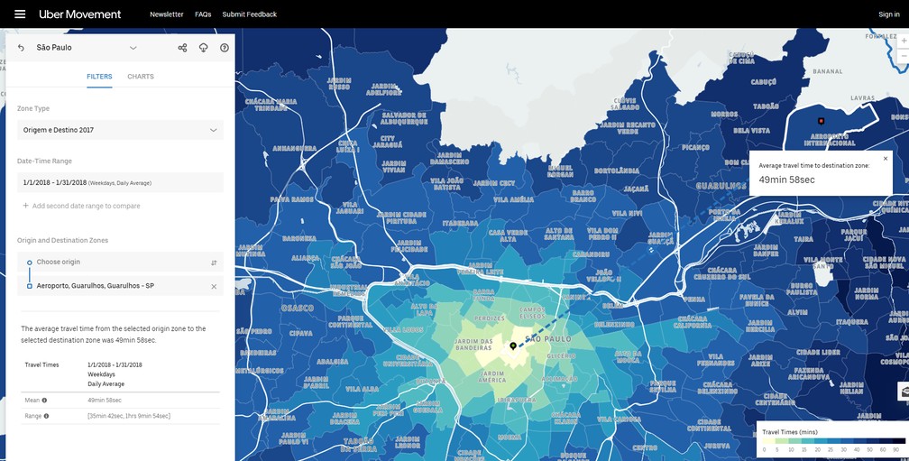 Mapa mostra tempo de deslocamento médio entre a região da Avenida Paulista e o aeroporto de Guarulhos. — Foto: Reprodução/G1