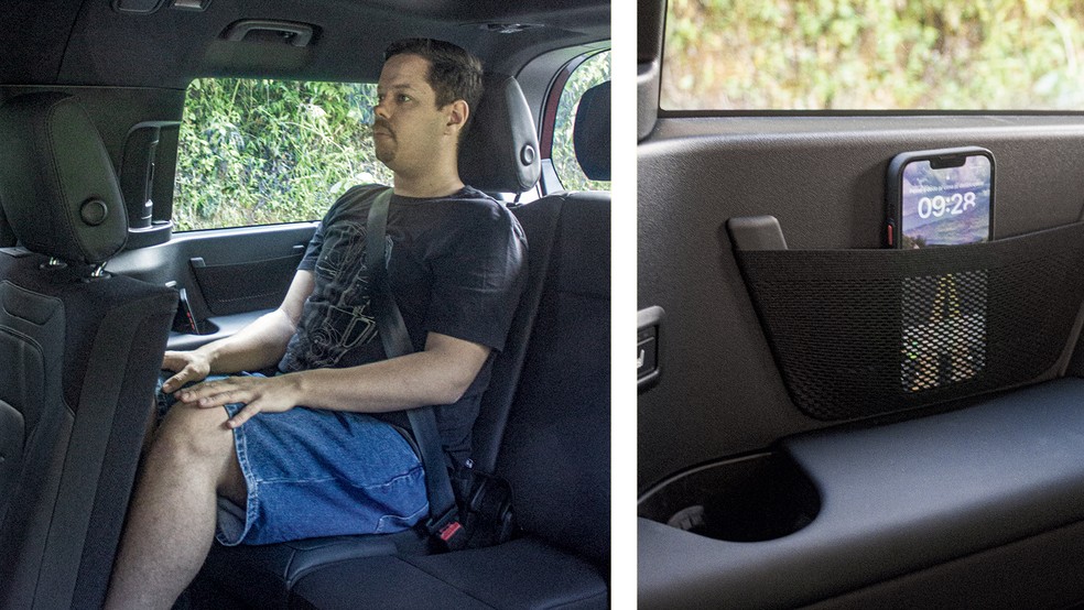 Espaço na terceira fileira é bom, mas a largura impede que três pessoas viajem com conforto; bancos são ventilados, há entrada USB e suporte para o celular — Foto: Auto News Brasil, Divulgação