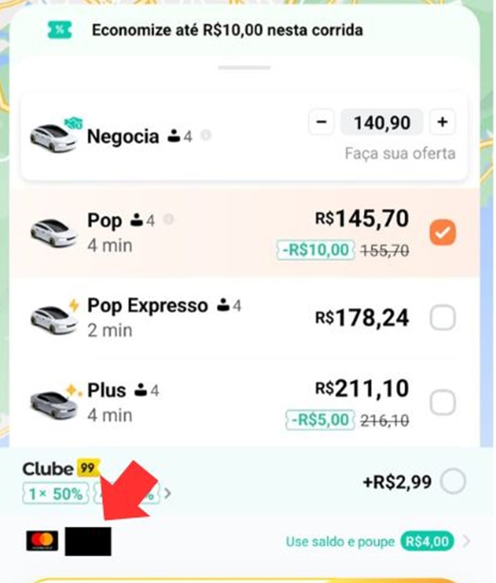 Primeiro passo é a alteração do método de pagamento — Foto: Reprodução/Aplicativo 99