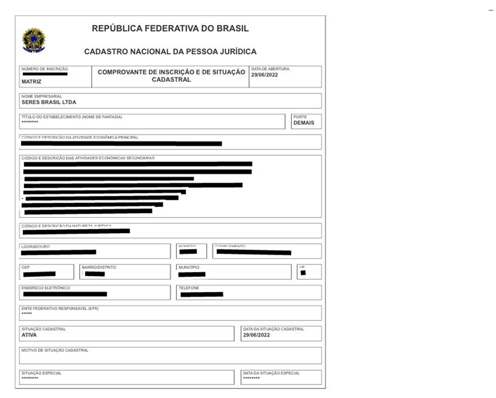 CNPJ Seres do Brasil em Itupeva  — Foto: Secretaria da Fazenda