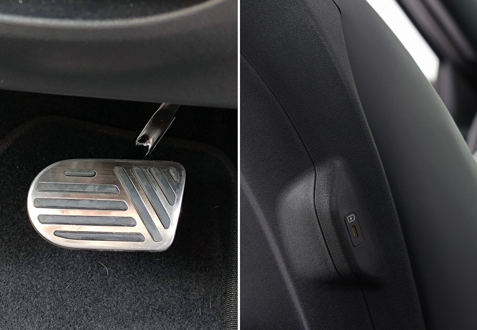 Pedal do Kia EV6 tem a inscrição EV; entrada USB fica na lateral do banco — Foto: André Paixão e Murilo Góes/Auto News Brasil