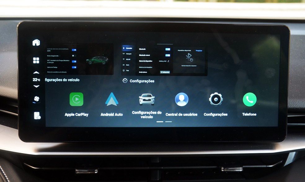 Tela de comandos do Haval H6; acesso às configurações e gerenciamento do motor e modo híbrido — Foto: André Schaun