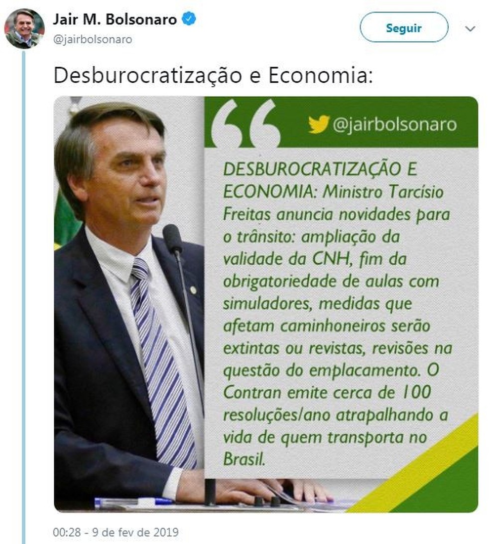 Novo Tweet de Jair Bolsonaro sobre a mudança no prazo de validade da CNH e outras medidas do Contran (Foto: Reprodução / Twitter) — Foto: Auto Esporte