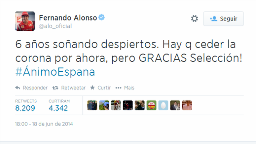 Fernando Alonso apoia seleção espanhola (Foto: Reprodução) — Foto: Auto Esporte