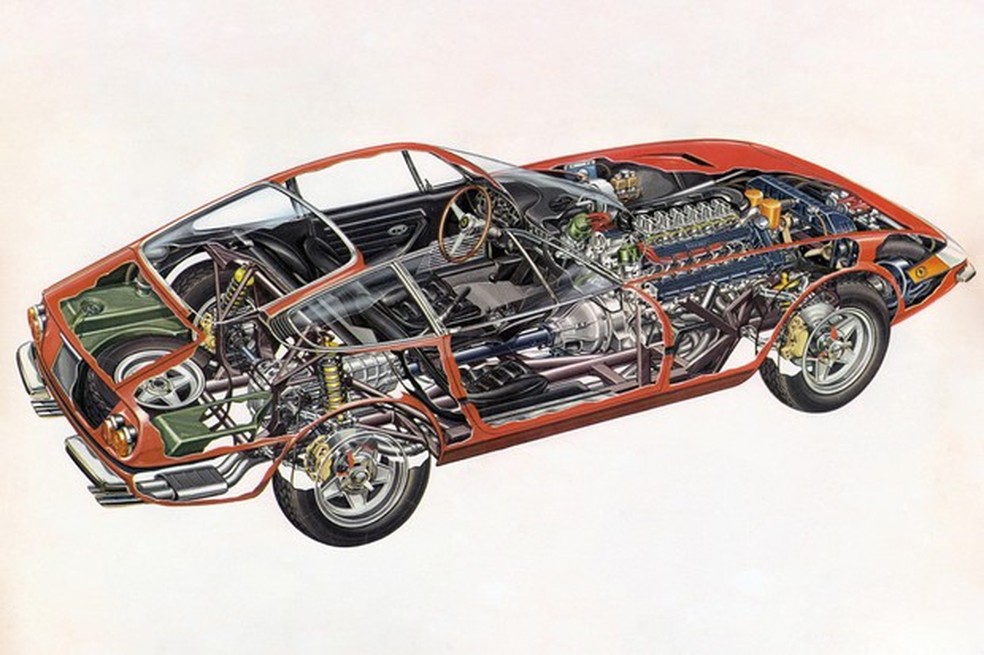 Cutaway mostra não apenas o enorme motor V12, como também o câmbio na traseira (Foto: Divulgação) — Foto: Auto Esporte