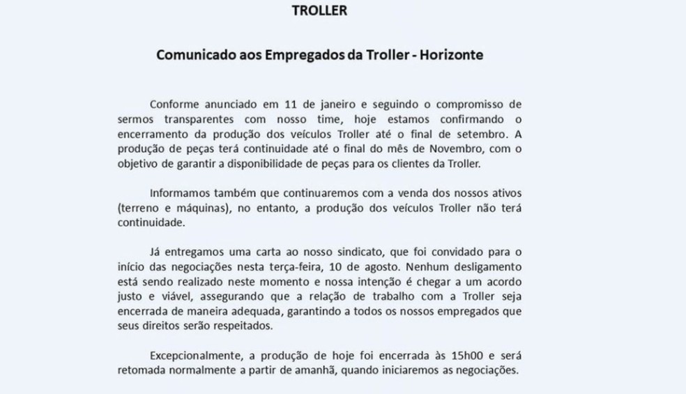 A Troller enviou um comunicado oficial para os funcionários  — Foto: Reprodução