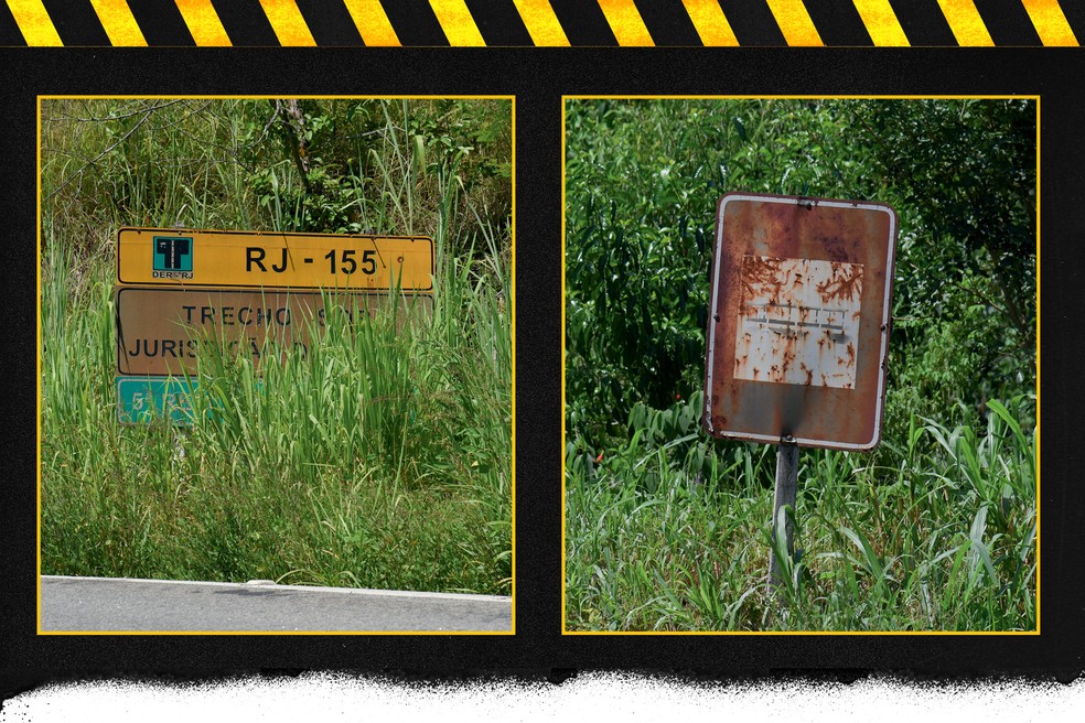 Um dos aspectos mais críticos da RJ-155 são as placas em péssimas condições ou encobertas pelo mato — Foto: Murilo Góes/Auto News Brasil