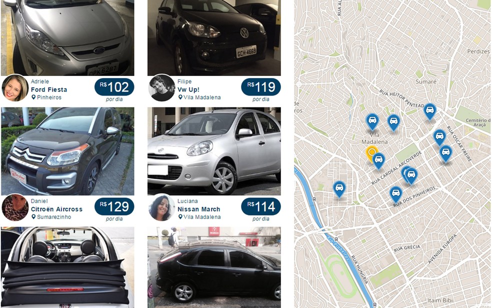 Proprietários disponibilizam carros para alugar na plataforma PegCar — Foto: Reprodução