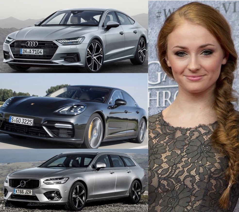 Sophie Turner é inglesa, mas prefere carros de outras nacionalidades (Foto: Montagem sobre divulgação) — Foto: Auto Esporte