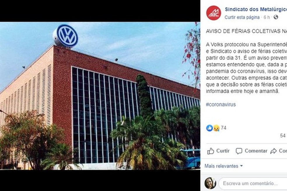 Aviso do Sindicatos dos Metalúrgicos do ABC sobre férias na VW (Foto: Reprodução/Facebook) — Foto: Auto Esporte