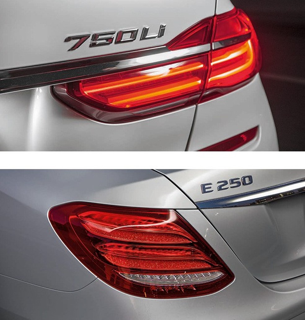 BMW 750Li Na parte traseira, a sigla "Li"; identifica que essa é a versão com chassi alongado. Mercedes-Benz E 250 Exclusive O desenho é parecido com os irmãos, mas só o Classe E tem luzes de efeito difuso (Fotos: Marcos Camargo) — Foto: Auto Esporte