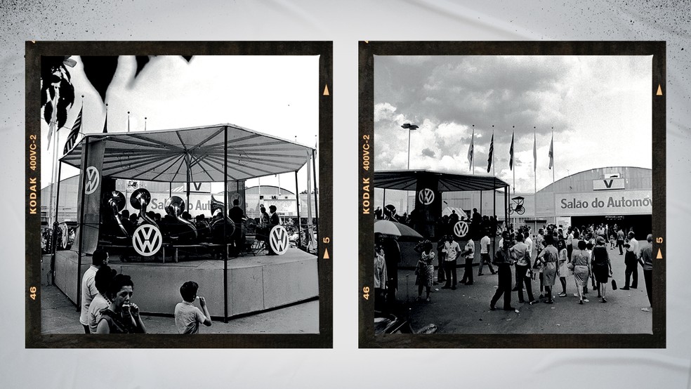 Coreto construído em frente à entrada do Salão do Automóvel de 1966, no Parque Ibirapuera, para apresentações da Banda Volkswagen — Foto: Divulgação/Acervo MIAU