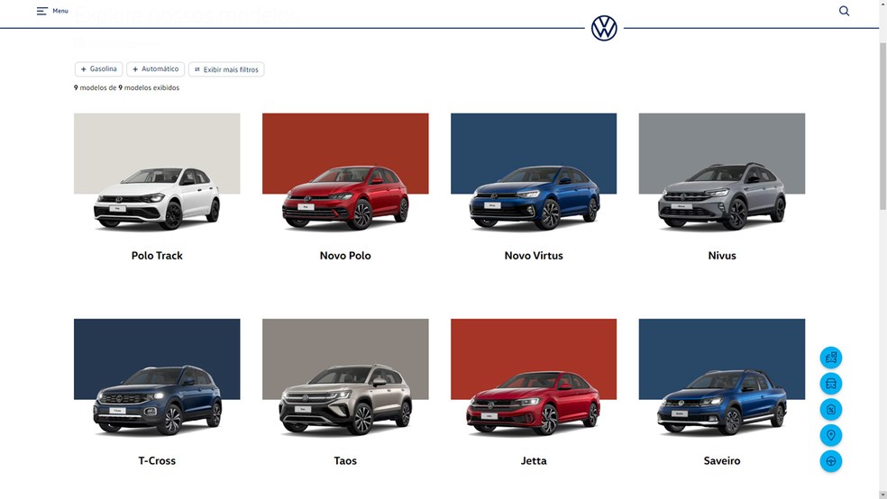 Configurador da Volkswagen não exibe mais o Gol — Foto: Reprodução