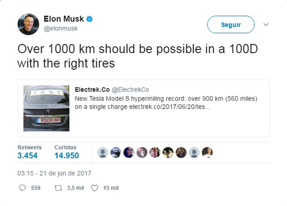 Tesla Model S bate recorde e percorre 900 km com única carga (Foto: Reprodução / Twitter) — Foto: Auto Esporte
